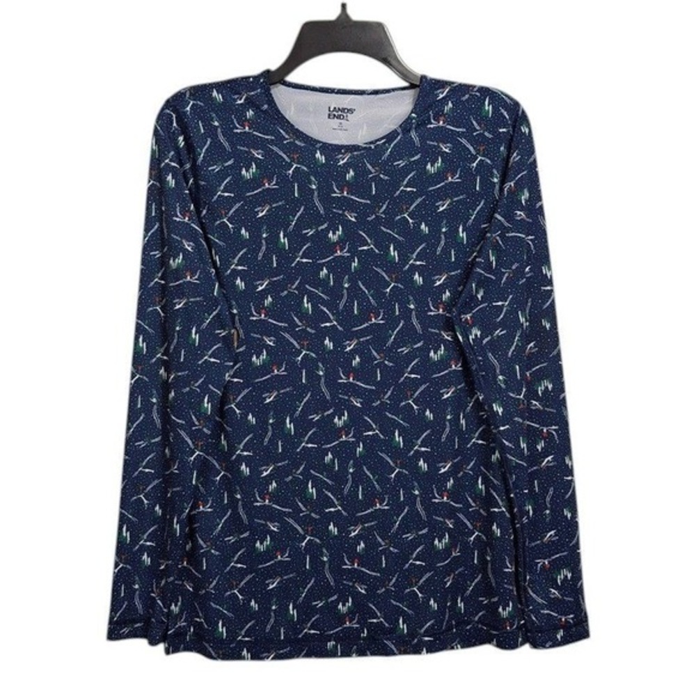 Lands End Womens Pullover Top M 10 12 Blue Multi Crew Neck Long Sleeve Ski Print